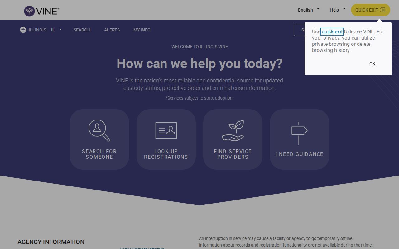 Illinois VINELink alert registration screen for Bureau County custody changes